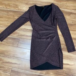 MIDI shimmery long sleeve v cut cocktail dress